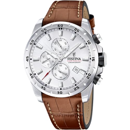 Festina Herren Uhr Analog mit Braunem Lederarmband - Quarzwerk - Chronograph - Kalender - Mineralglas mit hoher Widerstandsfähigkeit - Wasserdicht bis 10 ATM - Elegant F20692/1 Timeless Chronograph