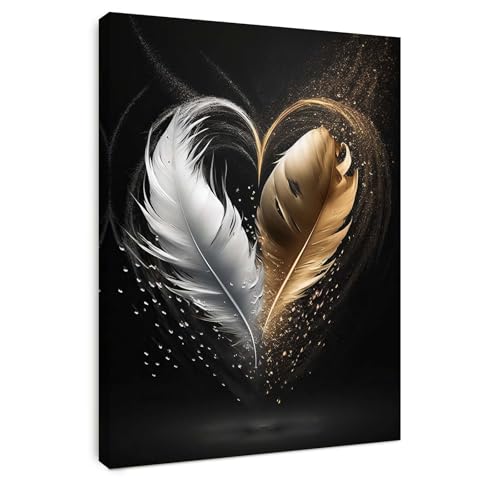 Wandbild mit Rahmen 30×40 cm – Modernes Feder Herz Leinwandbild für Wohnzimmer Schlafzimmer Küche Büro – Premium Bilder inkl. Haken, Nägel & Magischer Klettbefestigung – Elegante Wanddeko Kunst