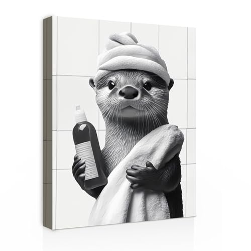 Galmcook Badezimmer Wandbild Leinwandbild mit Rahmen Lustiger Wasserotter im Bad – Humorvolles Kunstdruck Bild für Gäste WC, Toilette oder moderne Bad Deko mit Haken und spurlosen Nägeln 30x40 cm