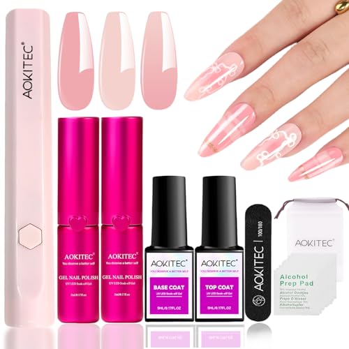Aokitec UV Nagellack Starter Set : UV Lampe für Gelnägel ud 2 Farben Rosa und Nude Gel Nagellacks mit Base & Top Coat, Nagellampe,Manicure Gelnägel Nägel Selber Nagelstudio Set for Nails Art DIY
