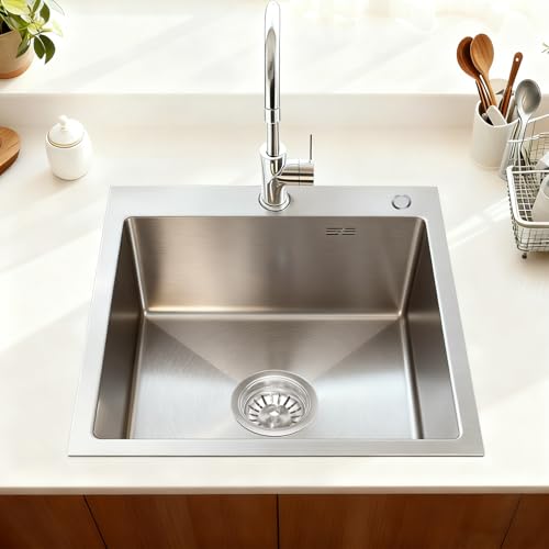 Melanstar 38x38 cm Edelstahl Spülbecken Spüle, Küchenspüle Auflagespüle mit 1 Becken mit Siphon Set Edelstahlfarben