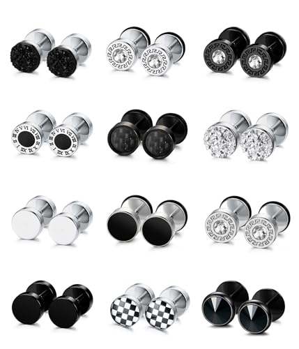 JeweBella 12 Paar Fake Plugs Ohrringe Herren Männer Edelstahl Silber Schwarz Set - Fake Tunnel, Runde Schraube, Barbell Ohrstöpsel, Faux Gauges für Damen 8MM