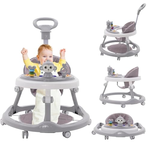 Lauflernhilfe Babywalker 5in1,mit Musikalisches Spielzeug und Herausnehmbarem Essteller,360-Grad-Rädern ohne Geräuschentwicklung,Faltbare Lauflernwagen Laufhilfe babys ab 0+ Klappbar Grau