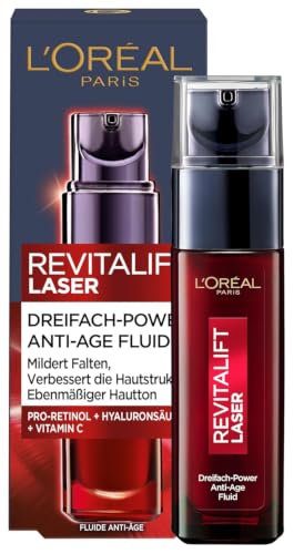 L'Oréal Paris Anti-Aging Fluid für Frauen, Gesichtspflege gegen Falten & für ebenmäßigeren Hautton, mit Hyaluronsäure, Pro-Retinol und Vitamin C, Revitalift Laser, 30 ml