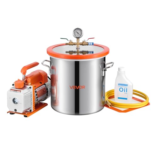 VEVOR Vakuumpumpe mit 11,4 L Vakuumkammer, 3,5 CFM 99 L/min, 1-stufige Unterdruckpumpe 180 W, Vacuum Pump Kit, 1,5 m Schlauch, zur Stabilisierung von Holz und Entgasung von Silikonharz