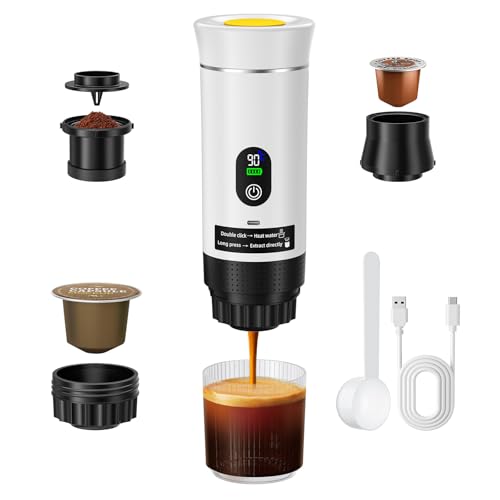 Jradse Tragbare Espressomaschine, 3-in-1 Elektrische Kaffeemaschine mit Selbsterhitzung Kompatibel mit Gemahlenem Kaffee & Kapseln 20 Bar Druck Schnelle Aufheizung für Camping Reisen Büro 7500mAh Akku