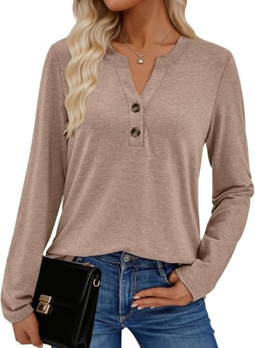 Pawate Damen Langarmshirt Elegant Oberteil V-Ausschnitt Blusen Business Tops Casual Baumwolle Shirts Herbst Tunika(braun/L)