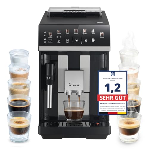 KKT KOLBE Pure Kaffeevollautomat mit Milchschaumdüse, ColdBrew und Zubehör, 2 Tassen Funktion, 15 Bar, 7-stufiges Mahlwerk, Touchscreen, Automatische Reinigung, 4 Getränke, Schwarz Silber