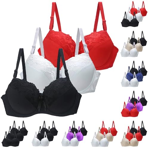 CSWH 3er Pack BHS Damen mit Bügel Push Up Sexy Spitzen-BH Frauen Starker Halt Große Brüste Klassische BH Set Bequemer Unterwäsche Bra mit Verstellbaren Trägern für Alltag