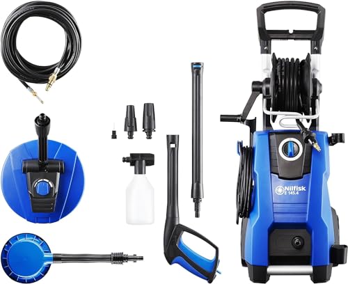 Nilfisk Hochdruckreiniger E 145 Bar Druck + Schaumsprüher + Flächenreiniger + Bürste + Rohrreinigungs-Set (2100 W)