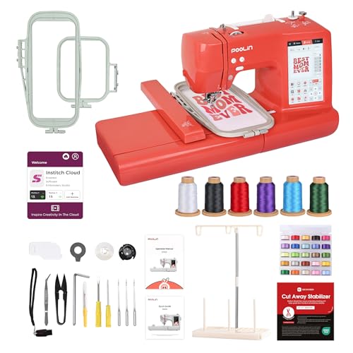 PooLin EOC05 Stickmaschine - Rot - Elektronische Stickmaschine – 7″ LCD-Touchscreen, Rahmen 10×10 cm und 10×23,5 cm, USB/Wi-Fi Motivimport, ideal für Anfänger und Experten
