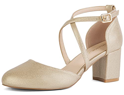 Greatonu Damen Pumps Riemchenpumps Spangenpumps Sandale mit Kreuz Knöchelriemen Blockabsatz Geschlossener Spitze Glitzer Pumps - Perfekt für Hochzeiten und Partys Golden 39 EU