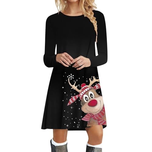 Generisch Weihnachtskleid Damen Langarm Pullover Kleid Elegant Weihnachts Rentier Druck Minikleid Autumn Winter Casual Rundhals Weihnachtsfeier Blusenkleid Weihnachtskostüm