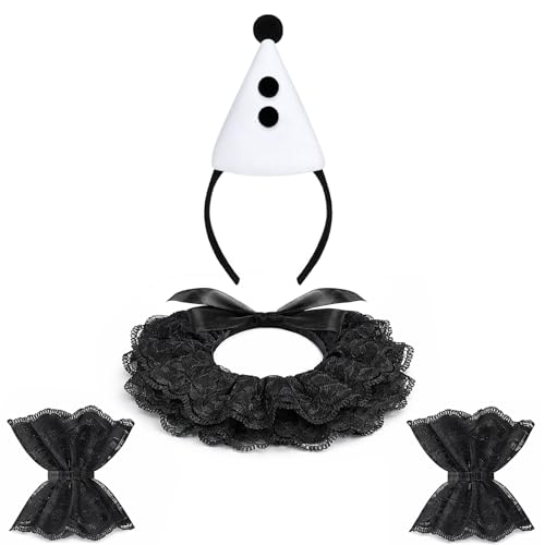 Viktorianische Rüsche Clownkragen mit Stirnband, Renaissance-Kragen mit Rüschen und Manschetten im viktorianischen Stil, mehrlagiger Clown-Halsreif mit Manschetten für Halloween-Kostüme (Weiß)