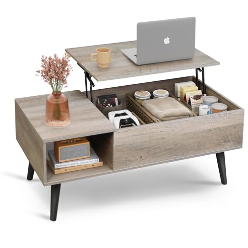 WLIVE Couchtisch Höhenverstellbar und Ausziehbar, Wohnzimmertisch mit Großem Verstecktem Staufach, Hebeplatte Kaffeetisch für Büro,50 x 100cm Sofatisch, Grau-Braun