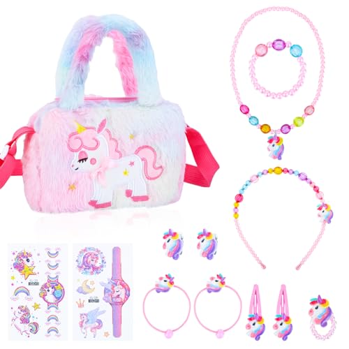 Apricitie Einhorn Handtasche - Geschenkset mit Schmuck für Mädchen (3-7 Jahre) - Einhorn Kinderschmuck: Halskette, Armband, Ring, Haarspange