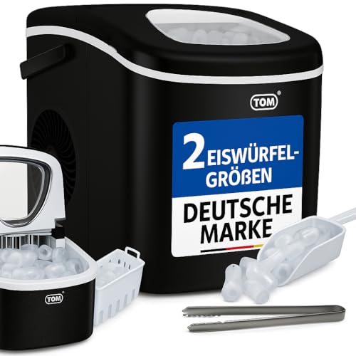 TOM Eiswürfelmaschine – 9 Eiswürfel in 6-8 min – 12 kg/24 h – 2 Würfelgrößen – Ice maker Eiswürfelmacher mit 1,3 l Wassertank – LED-Display – Inkl. Zubehör & Eiszange als Geschenk – Eiswürfelmaschine