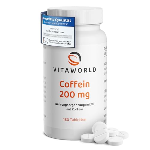 Coffein Tabletten - Koffeintabletten hochdosiert 200mg pro Tag als Wachmacher (180 vegane Tabletten) - ideal als Muntermacher für Fokus & Energie - laborgeprüft, ohne Zusätze, glutenfrei - vitaworld