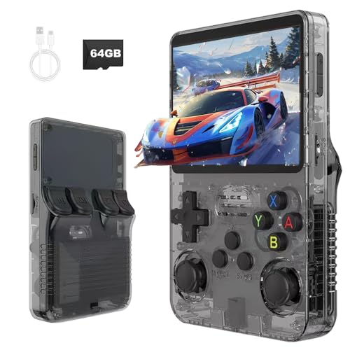 R36S Handheld Spielkonsole, 3,5 Zoll IPS Bildschirm, 64G Retro Konsole, Tragbare Retro Spielekonsole Support 30000+ Classic Games & Multi-Emulator Unterstützung für Kinder und Erwachsene (Schwarz)
