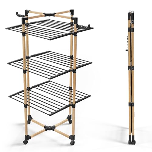 VOUNOT Wäscheständer Turm 3 Ebenen, Turmwäscheständer Klappbar Platzsparend, Standtrockner Wäscheturm Wäschetrockner mit 4 Rollen & 6 Faltbaren Flügeln, 25m Leinenlänge, in Holz Imitiert, Schwarz