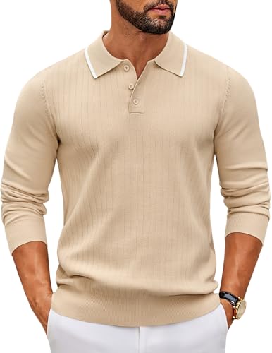COOFANDY Herren Pullover mit Polokragen Langarm Feinstrick Knopfleiste Freizeit Basic Regular Fit Poloshirt Männer Hell Beige XL
