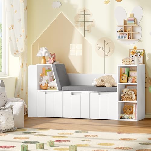HOCSOK Kinderregal, 156 cm Bücherregal Kinder mit Sitzbank, Spielzeugregal Kinderzimmer Aufbewahrung mit Boxen auf Rollen, Kinderzimmer Regal Weiß, 80×38×156 cm