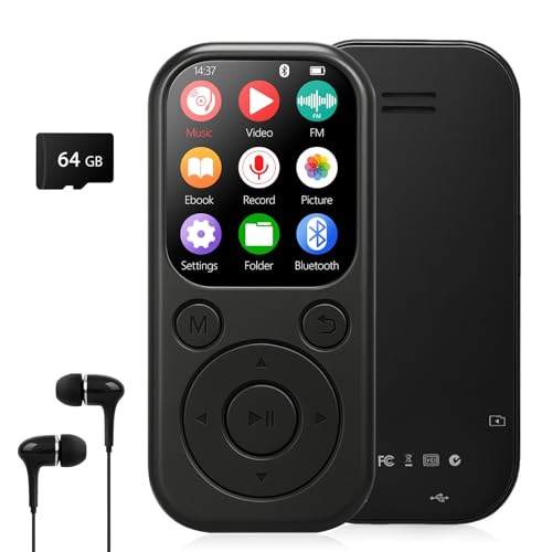 Taichaeu MP3-Player mit Bluetooth 5.3 - Tragbarer Musikplayer, FM-Radio, Sprachaufzeichnung, mit kabelgebundenen Kopfhörern für Sport, Laufen, Reisen - Inklusive 64GB-Karte, erweiterbar auf 512GB
