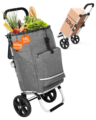 Homecall Einkaufstrolley klappbar Einkaufswagen mit 50L + 5L kühlfunktion Bis 50KG, Einkaufstasche mit Rollen 3 in 1 Shopping Trolley & Sackkarre & Umhängetasche (Dunkelgrau, Standard)