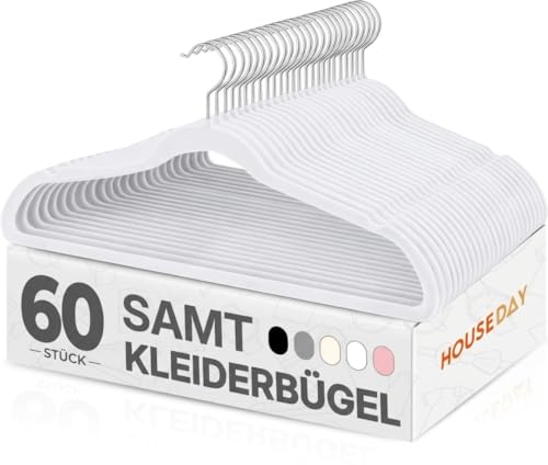 HOUSE DAY Kleiderbügel Samt 60 Stück, Kleiderbügel Platzsparend Filz Bügel - Rutschfester, Premium Schwarzer Anzugbügel, 360° Drehbarer Haken, Weiß