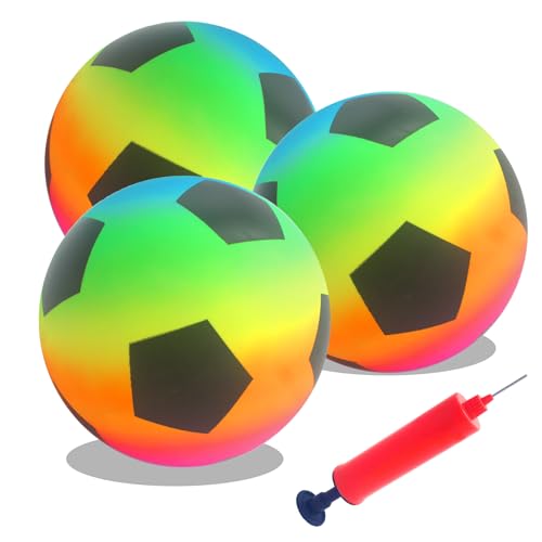 SHENSAIGO 3 Stück Regenbogen Ball Kinder, PVC Fussball Kinder und Erwachsene, Aufblasbaren Bälle mit Pumpe, 22cm Kinderball Regenbogenball Wasserball, Fußball für Innen und Außen Spielball Kinders
