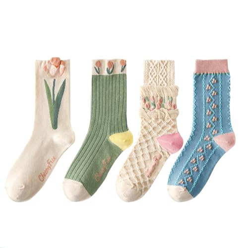 HAOXYO 4 Paar Socken Damen,Vintage Bestickten Blumen Baumwollsocken,Pop Bunte Socken Rüschen Damen One Size