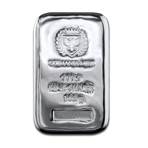 100 Gramm Silberbarren, 99,99%. Wunderschön geprägt und poliert von Germania Mint.