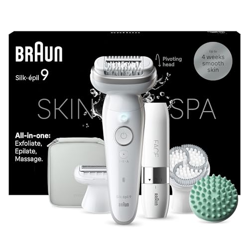 Braun Silk-épil 9 SkinSpa Epilierer Damen, All-in-One Set, Haarentferner für Langanhaltende Haarentfernung, Ladyshaver, Wasserdicht — Inkl. Facespa Gesichtshaarentferner — 9-381, Weiß/Silber