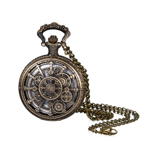 JewelryWe Vintage Zahnrad Taschenuhr mit Kette: Antik Bronze Analog Quarz Kettenuhr Steampunk Zahnradmuster Uhr Anhänger Halskette mit Großen Arabischen Ziffern Geschenk für Damen Herren