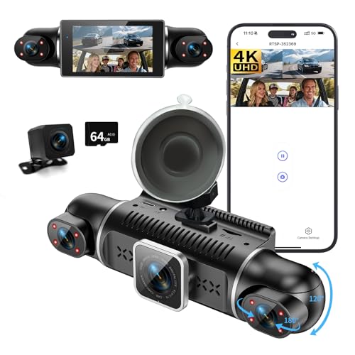4 Kanal Dashcam Auto Vorne Hinten 4K/1080P,360° Dasch-Cam Auto mit 64GB SD-Karte,3