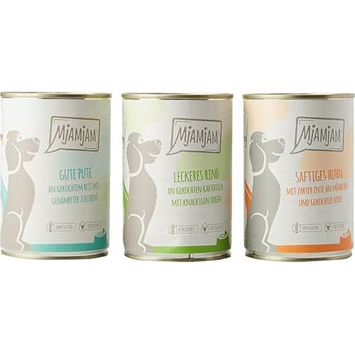 MjAMjAM - Premium Nassfutter für Hunde - Mixpaket I - Huhn & Ente, Rind, Pute, 6er Pack (6 x 400 g), naturbelassen mit extra viel Fleisch