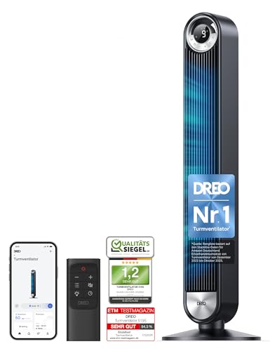 DREO 25 dB Leiser Smart Turmventilator, 106cm Höhe 4 Modi 9-Geschwindigkeit Max 7,9m/s 12H Timer 90° Oszillierender Ventilator mit Fernbedienung Sprachsteuerung Kühlung, Cruiser Pro T2S, Schwarz