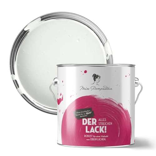 MissPompadour seidenmatte Holzfarbe Innen & Außen 2,5L Weiß mit Schmelz, Möbelfarbe ohne Schleifen - Farbe für Holz, Metall, Kunststoff - Holzlack, Möbellack schnelltrocknend mit hoher Deckkraft