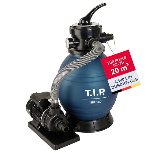 T.I.P. SPF 180 Sandfilteranlage, Poolfilter 250 W, max. 7.900 l/h Förderleistung, 4.500 l/h Filterleistung, 6 m Förderhöhe, 0,6 bar, 4-Wege-Ventil, für Pools bis 20 m³, Schlauchanschluss 32/38 mm