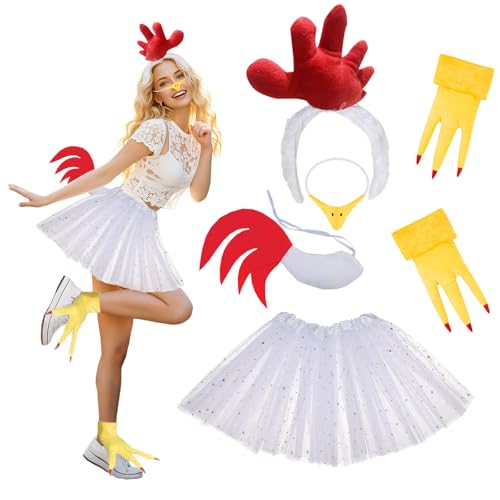 Orizizhic 6 Pcs Huhn Kostüm Zubehörfor Erwachsene, Hühnerkostüm für Erwachsene mit Stirnband, Hühnerfuß, Schnabel, Nasenmaske und Paillettenkleid für Tierkostüm Cosplay Karneval Party Halloween