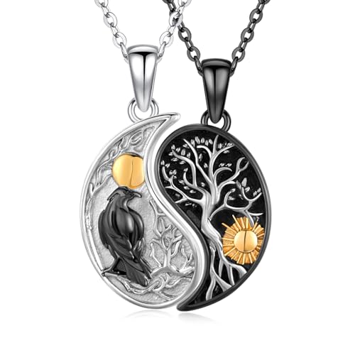 OHAYOO Yin Yang Halskette 925 Sterling Silber Yin Yang Anhänger Kette Partnerketten für Sie und Ihn Yin Yang Schmuck Geschenke für Damen Herren Couple (Krähe und Baum)