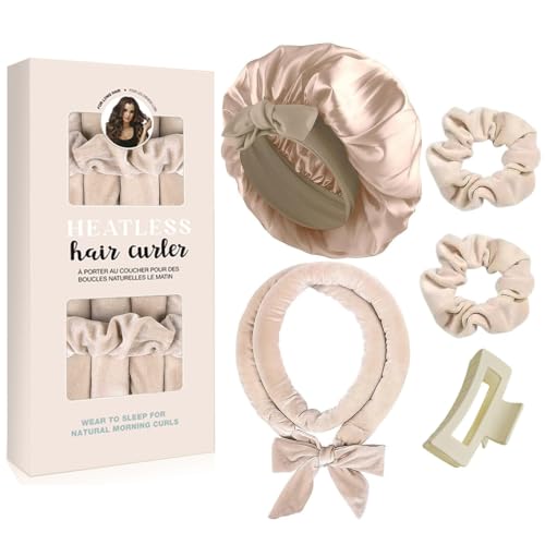 Locken Ohne Hitze,Samt Lockenwickler Über Nacht mit Schlafmütze, Hair Curler DIY Haare Lockenband Frisurenset,Lockenwickler Über Nacht,Heatless Curls Band für Langes Mittleres Haar-Khaki