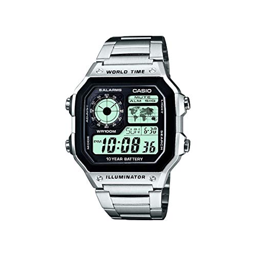 Casio Herren Quartz Armbanduhr, 36.00mm Gehäusegröße mit weiß digital Zifferblatt und Silber Metallarmband Armband AE-1200WHD-1AVEF