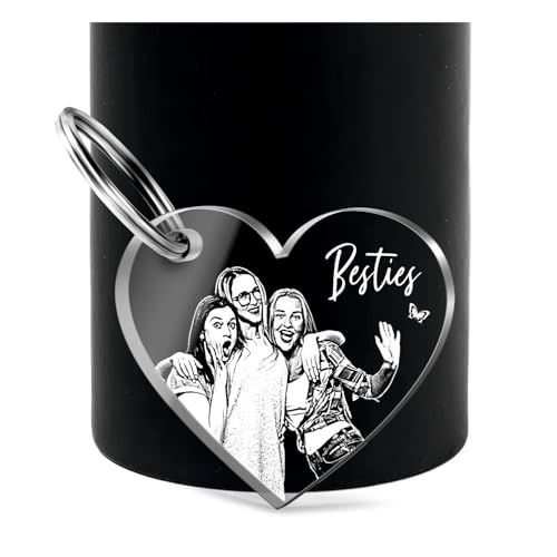 CHRISCK design Personalisierter Schlüsselanhänger mit Foto und Namen Gravur - Geschenk für Freundin mit Gravur - Herz - Geschenkidee Freund Freundin Besties - Glücksbringer Auto