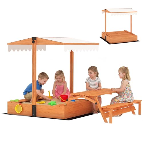 AIYAPLAY Sandkasten mit Dach 184 x 110 x 120 cm Sandkiste aus Holz mit klappbarem Picknicktisch Sitzbänken Bodenplane Sandbox mit Abdeckung für 6 Kinder von 3-8 Jahren Braun