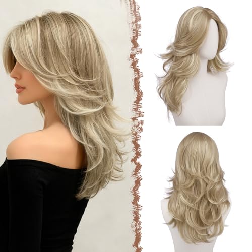 FESHFEN Dreckiges Blond Layered Perücken mit Vorhang Pony, 50 cm Lange Mittelscheitel Lockige Perücke für Frauen Synthetische Hitzebeständig Haar Wig täglich Party Cosplay tragen