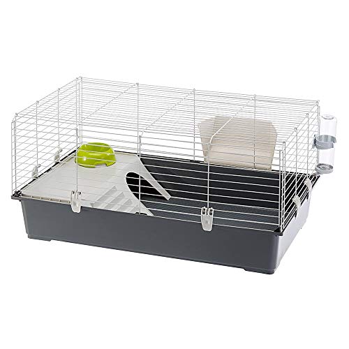 FERPLAST Nagetierkäfig Rabbit 100 für Kaninchen, Meerschweinchen, Meerschweinchen, aus Metall, inklusive Zubehör: Futterkrippe, Trinkflasche, Haus, Schüssel. 95x57xh46cm