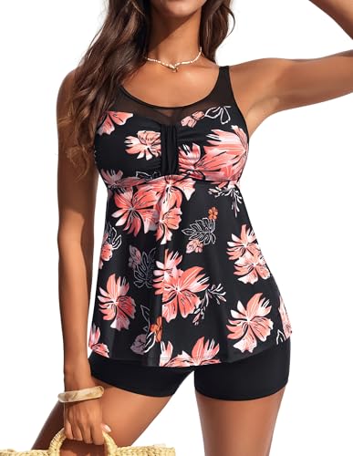 Hanna Nikole Tankini mit Shorts,Badeanzug Damen Bauchweg,Push Up Schwimmanzug,Zweiteilig Tankini Oberteil Mit High Waist Badeshorts,Elegant Bademode Verstellbare Badebekleidung Flowy Strandmode