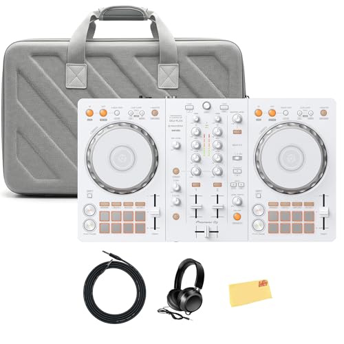 Pioneer DJ DDJ-FLX4 2-K-DJ-Controller – Weißes Bundle mit Tragetasche, Kopfhörern, Instrumentenkabel und Austin Bazaar Poliertuch