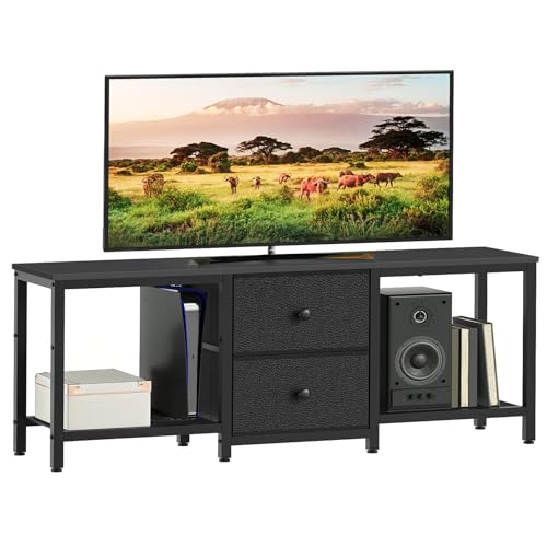 YATINEY TV-Schrank für Fernseher bis zu 55 Zoll, Fernsehtisch, TV-Konsole, lowboard mit offenen Fächern, 2 Schubladen, für Wohnzimmer, Schlafzimmer, 120 x 30 x 50 cm, Schwarz XDS02BB